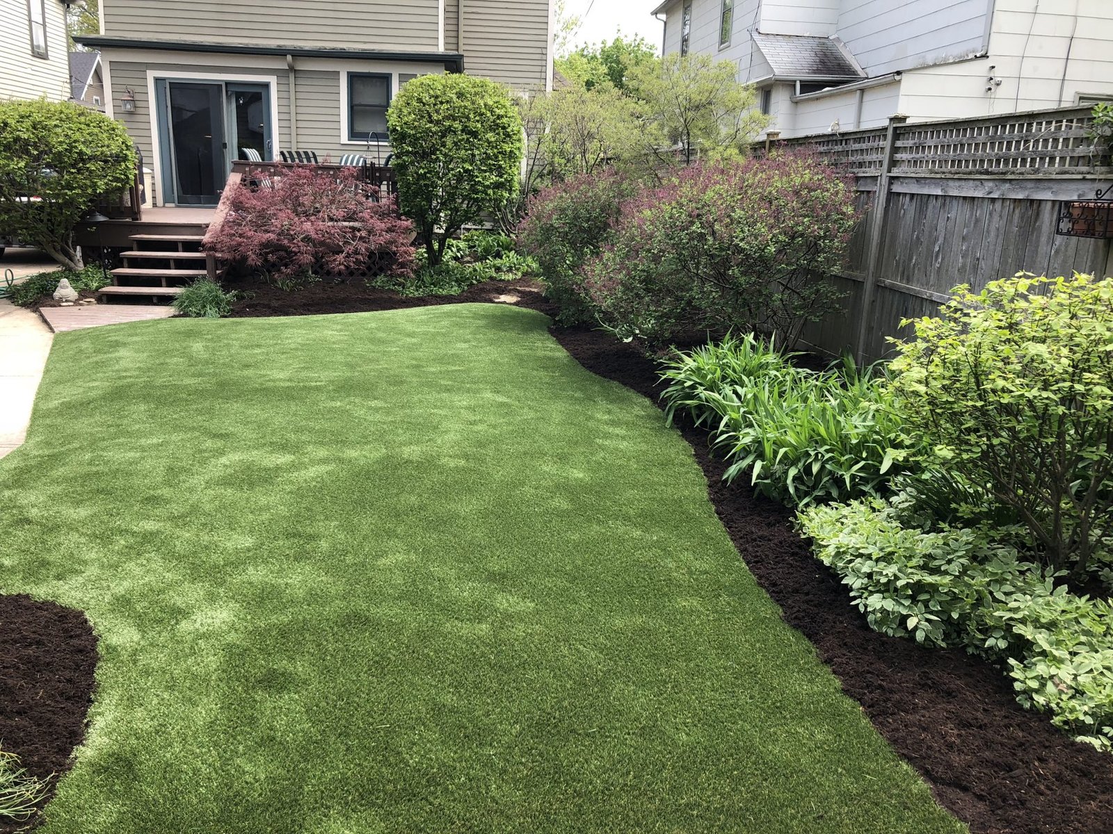 NJ backyard with Japanese maple and artificial turf