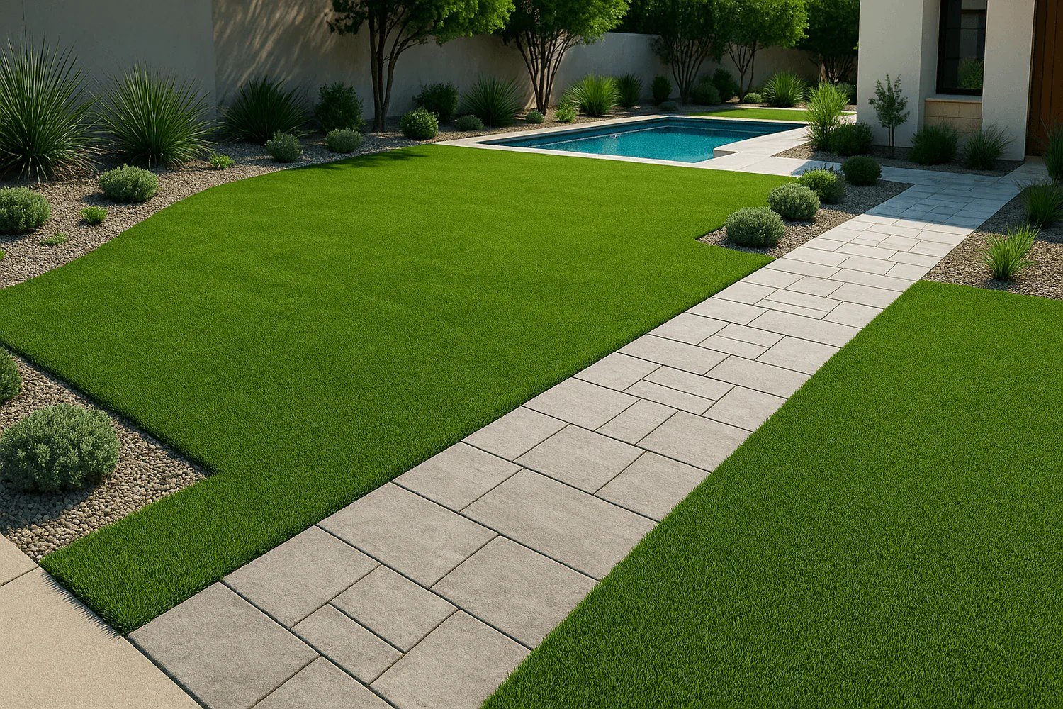 Pool area with pavers and artificial turf